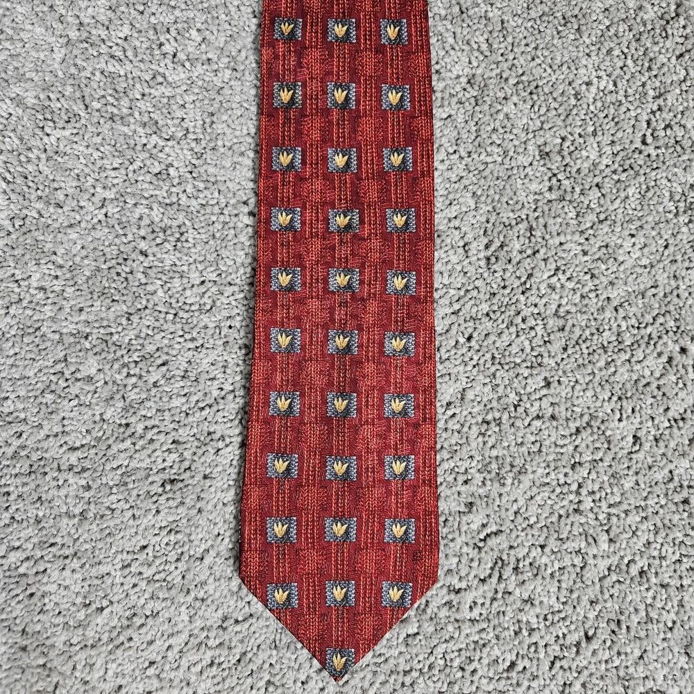 Ermenegildo Zegna Necktie Red 100% Silk Made In Italy Geometric 57"
